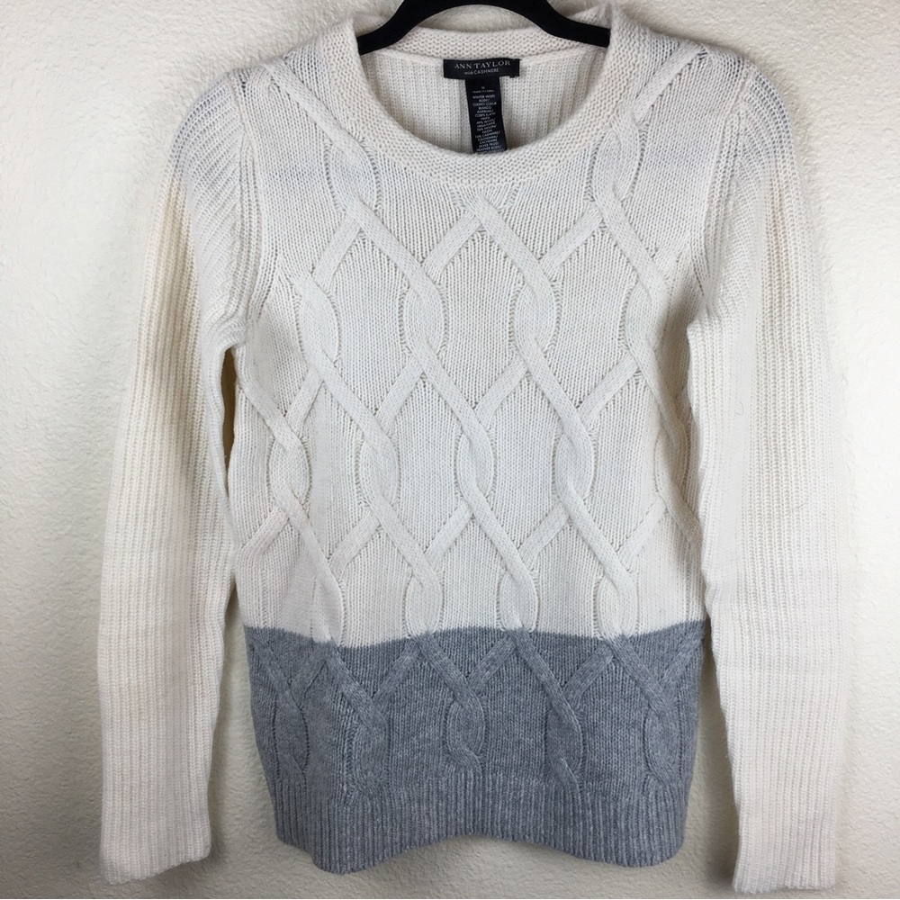 Ann Taylor Wool Cashmere Cream Gray Cable Knit Chunky Sweater Size S